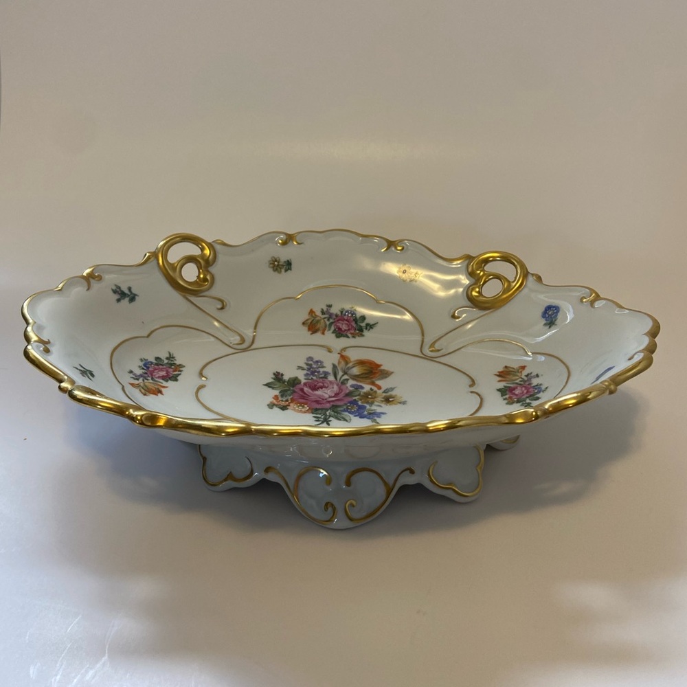 Vintage JLMeneau Graf Von Henneberg Floral & Gold Centerpiece Bowl 12" Long